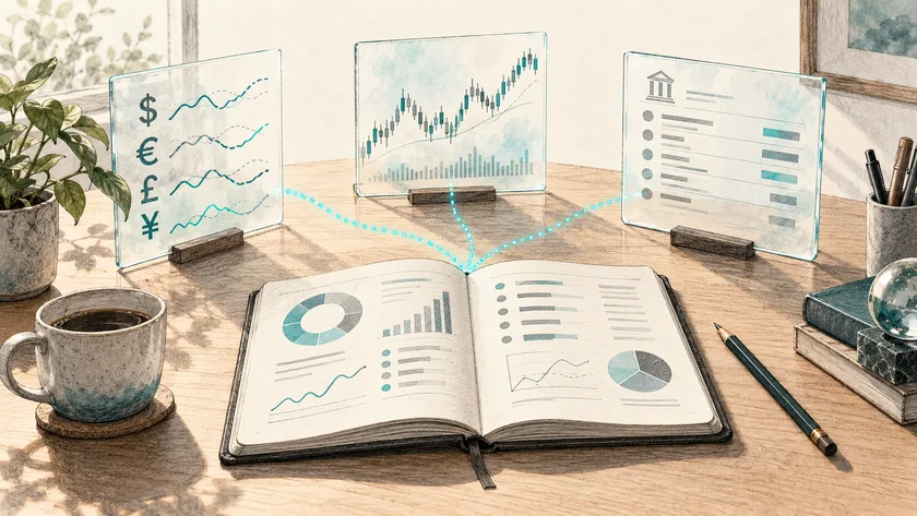 Currency, market-price and banking data panels connected to a financial overview.