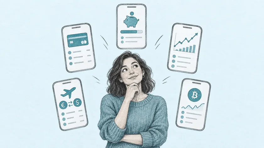 A person surrounded by five financial apps: spending, travel, savings, investments, and crypto.