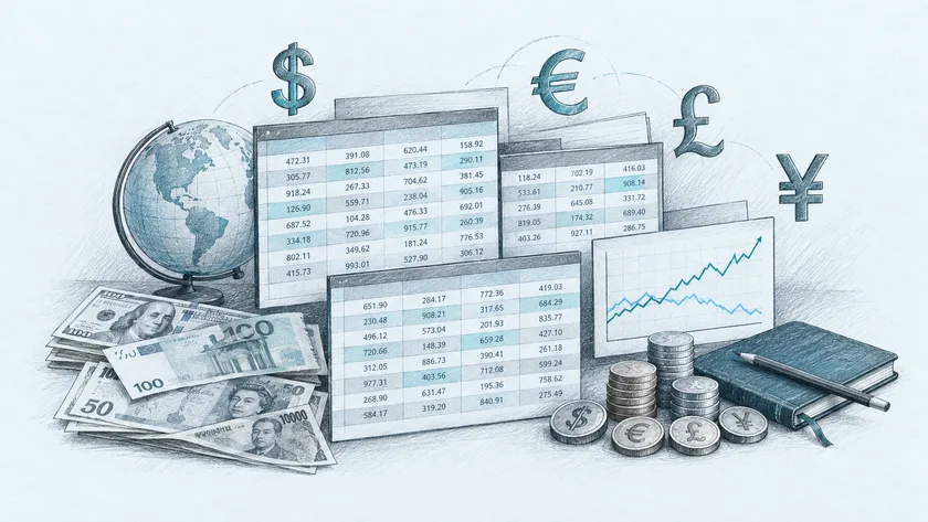 An illustration of currency symbols, tables of fictional amounts, and an exchange-rate chart.