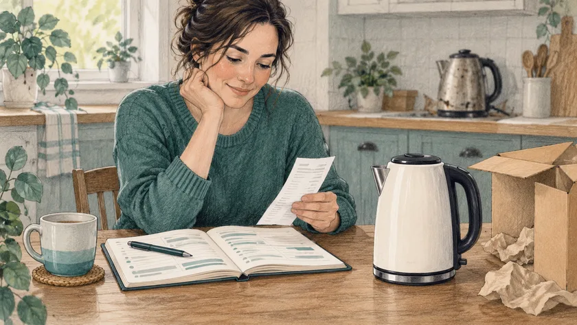 A woman reviews a receipt and planner beside a new kettle.