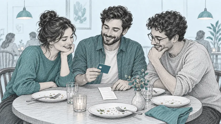 Three friends discussing a shared dinner bill, with one holding a payment card.