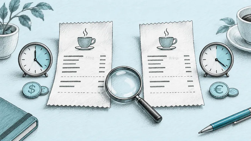 Two similar coffee receipts with clocks, currency symbols, and a magnifying glass.