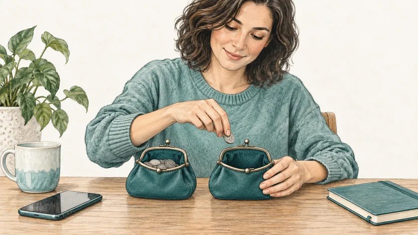 A woman moves a coin between two of her own open coin purses.