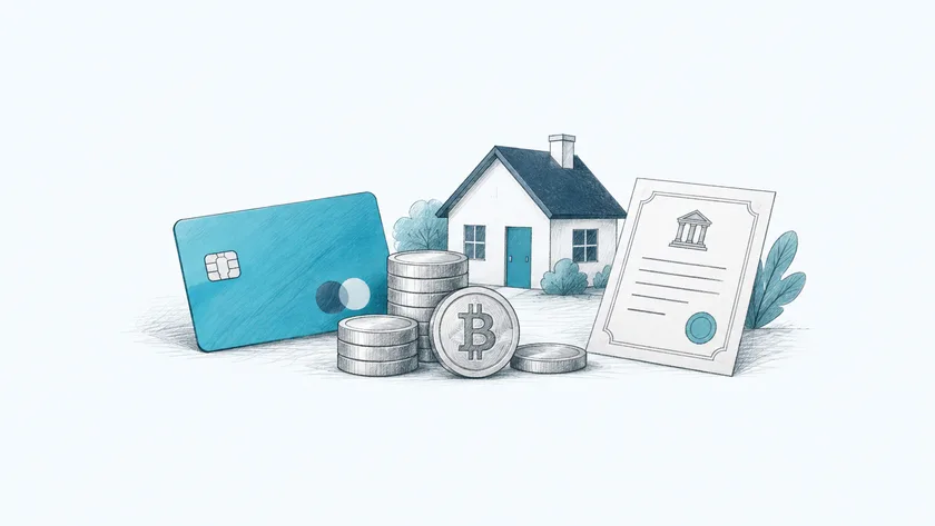 A bank card, coins, bitcoin, a house and a security brought together in one financial picture.